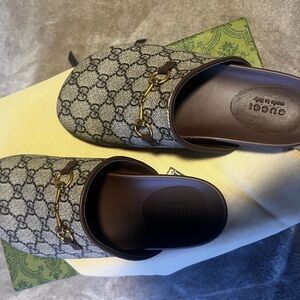 Beige and Brown Monogrammed Mules